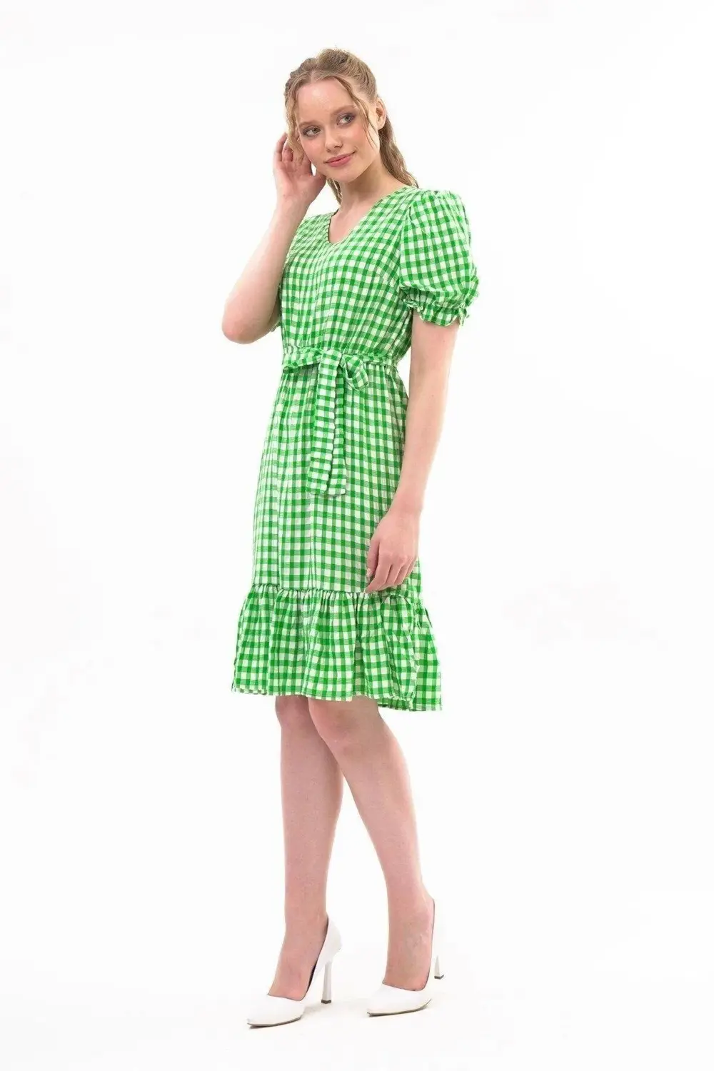 Apsen Kadın Kareli Büzgü detaylı Yazlık midi Elbise 4430-105