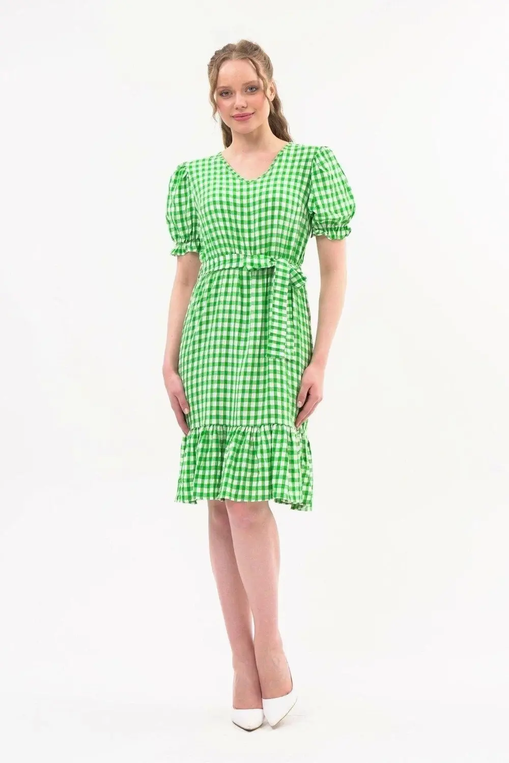 Apsen Kadın Kareli Büzgü detaylı Yazlık midi Elbise 4430-105