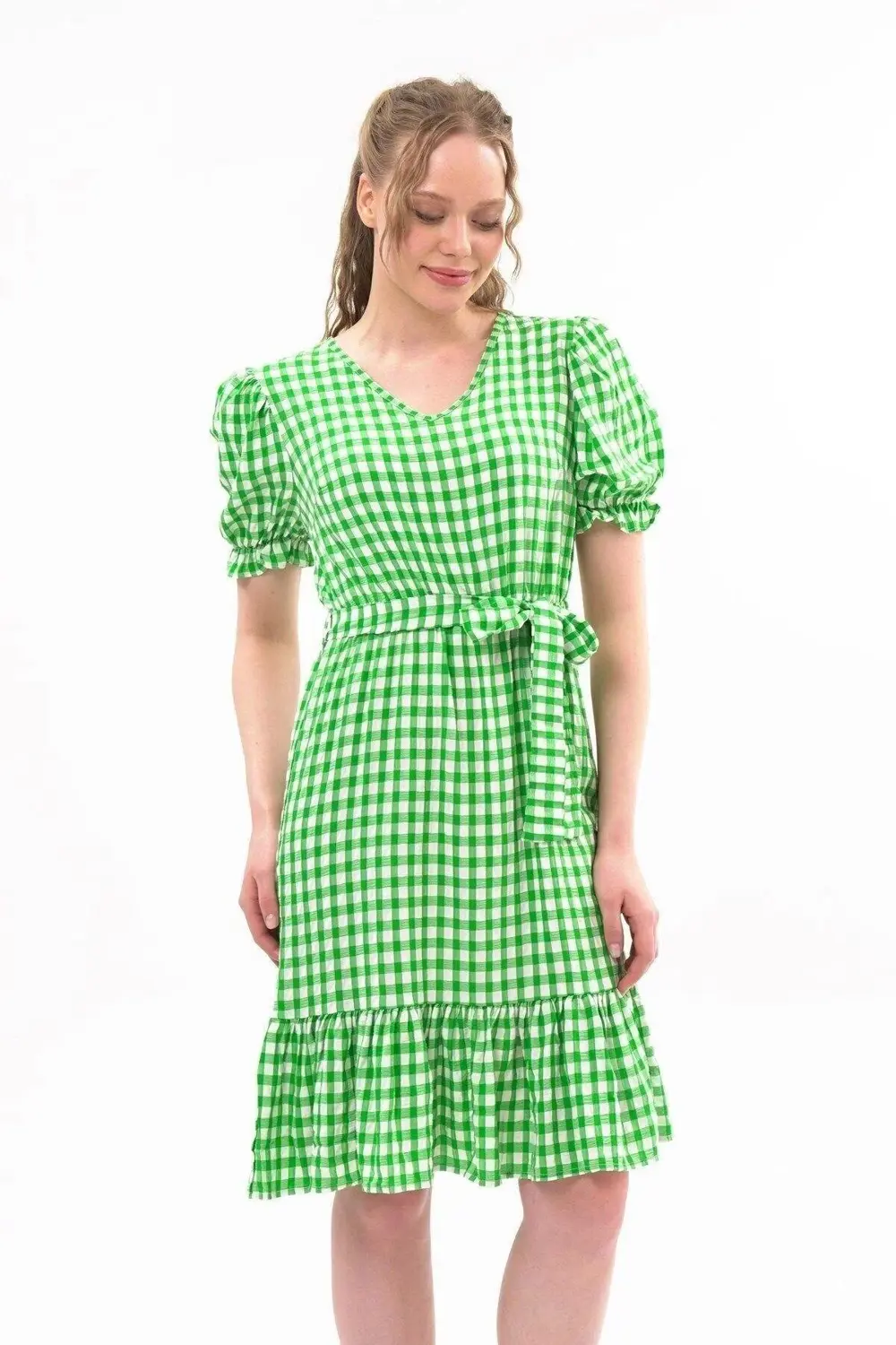 Apsen Kadın Kareli Büzgü detaylı Yazlık midi Elbise 4430-105