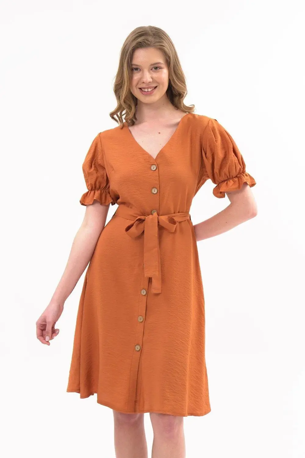 Apsen Kadın Kiremit Kuşaklı Düğmeli Yeni Sezon V Yaka Elbise 4366