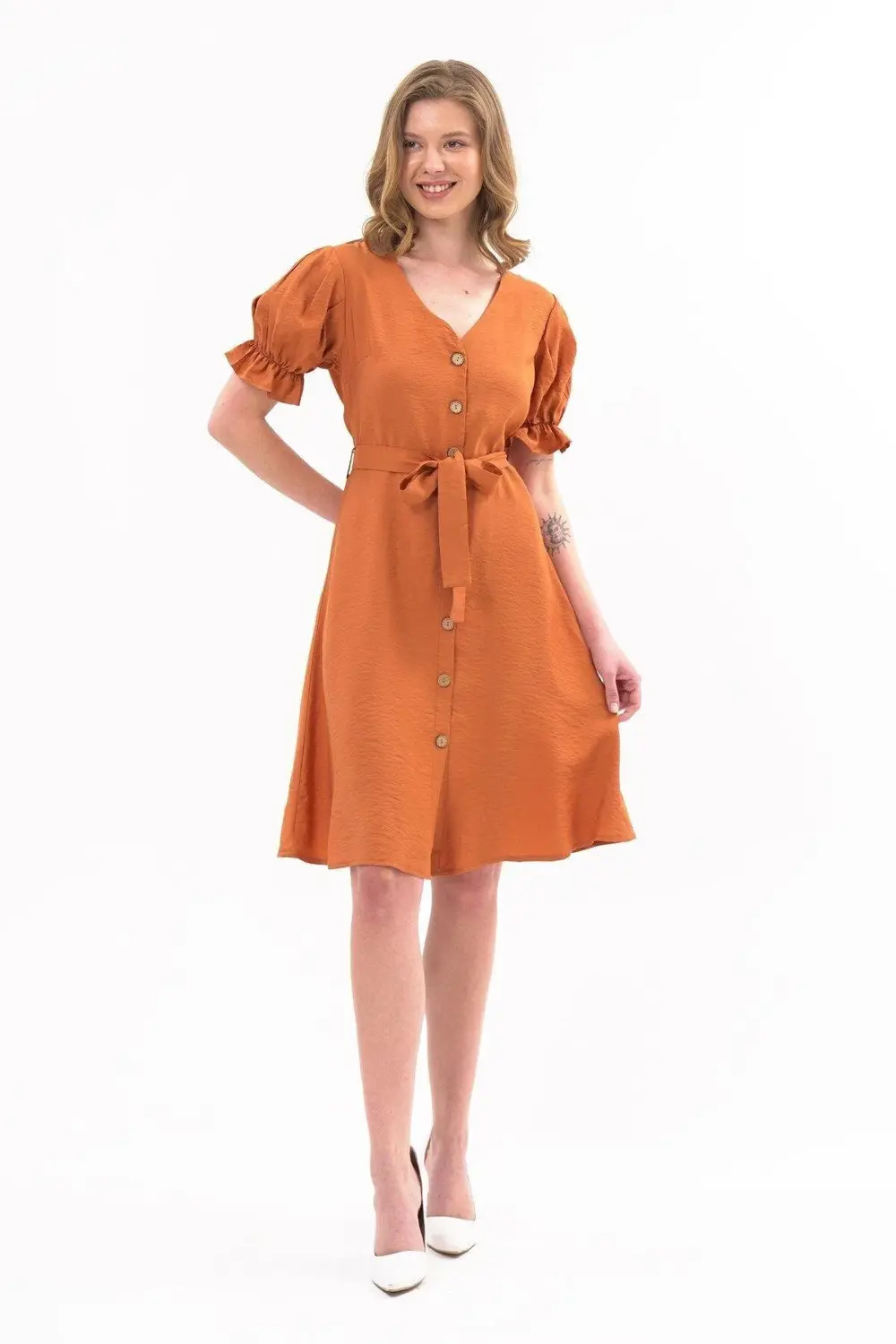 Apsen Kadın Kiremit Kuşaklı Düğmeli Yeni Sezon V Yaka Elbise 4366