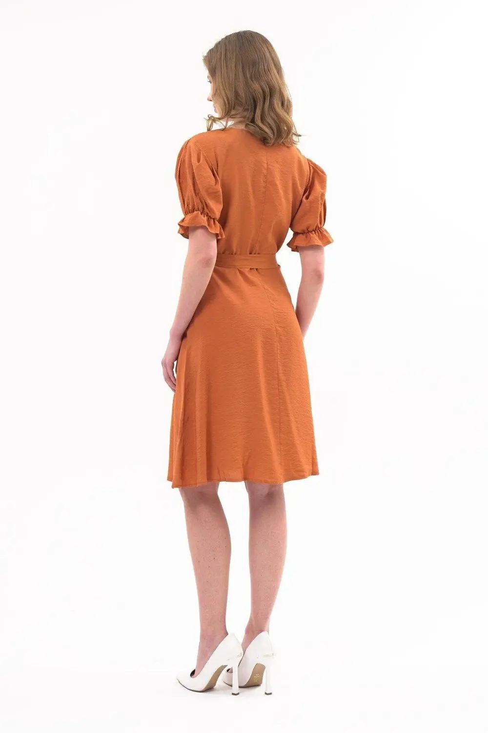 Apsen Kadın Kiremit Kuşaklı Düğmeli Yeni Sezon V Yaka Elbise 4366