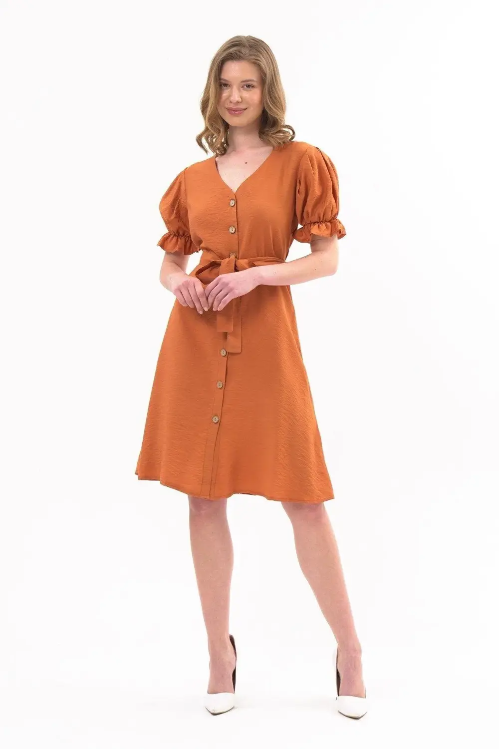 Apsen Kadın Kiremit Kuşaklı Düğmeli Yeni Sezon V Yaka Elbise 4366