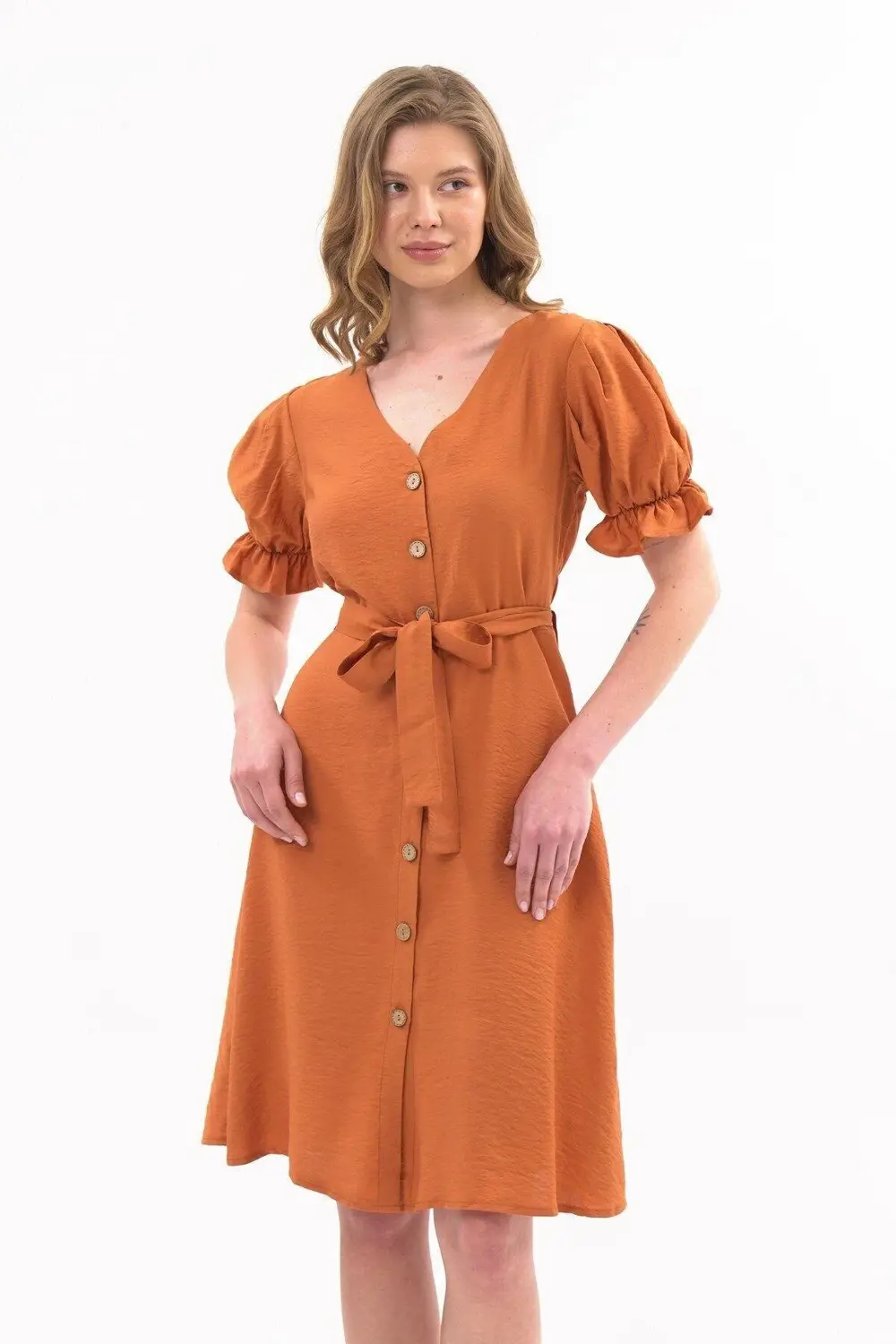 Apsen Kadın Kiremit Kuşaklı Düğmeli Yeni Sezon V Yaka Elbise 4366