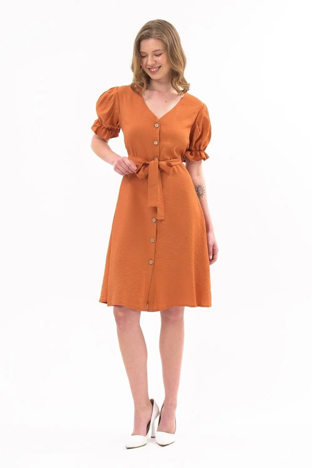 Apsen Kadın Kiremit Kuşaklı Düğmeli Yeni Sezon V Yaka Elbise 4366