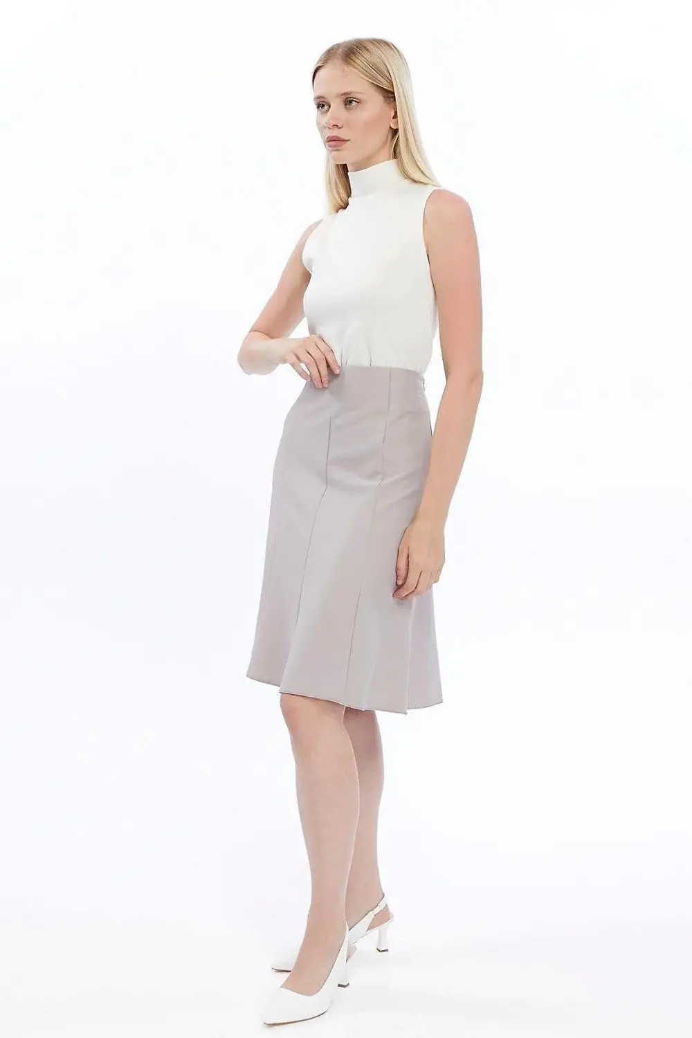 Apsen Kadın Krem Midi Boy Kloş Dokuma Etek 2194-63