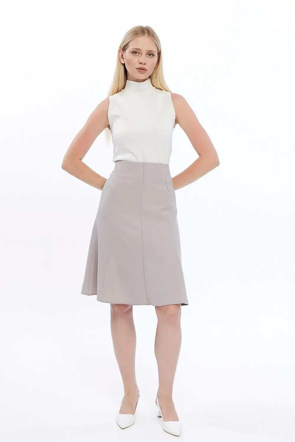 Apsen Kadın Krem Midi Boy Kloş Dokuma Etek 2194-63