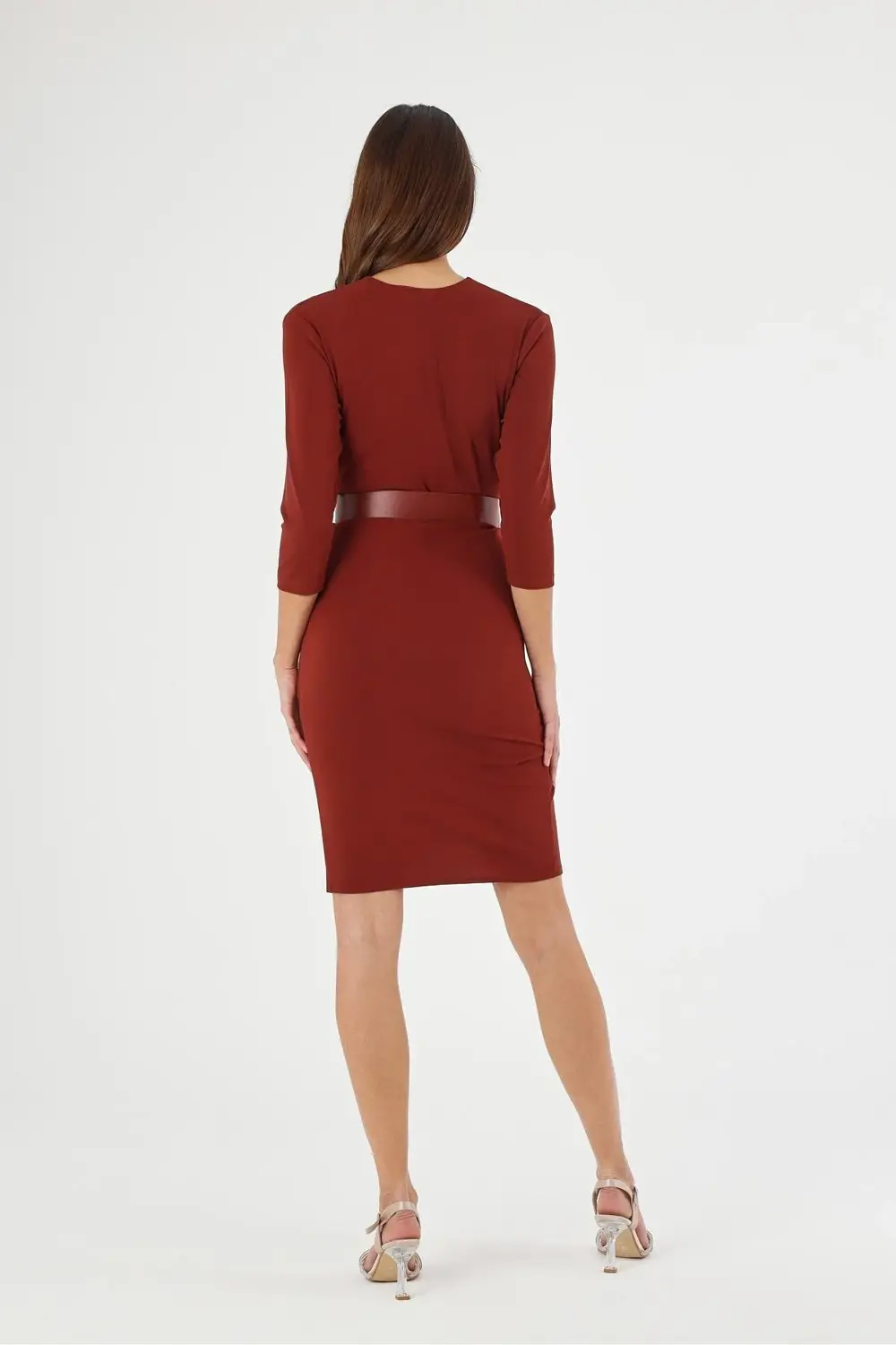 Apsen Kadın Krep Bordo Kruvaze Kemerli Midi Anvelop Elbise 3753-1