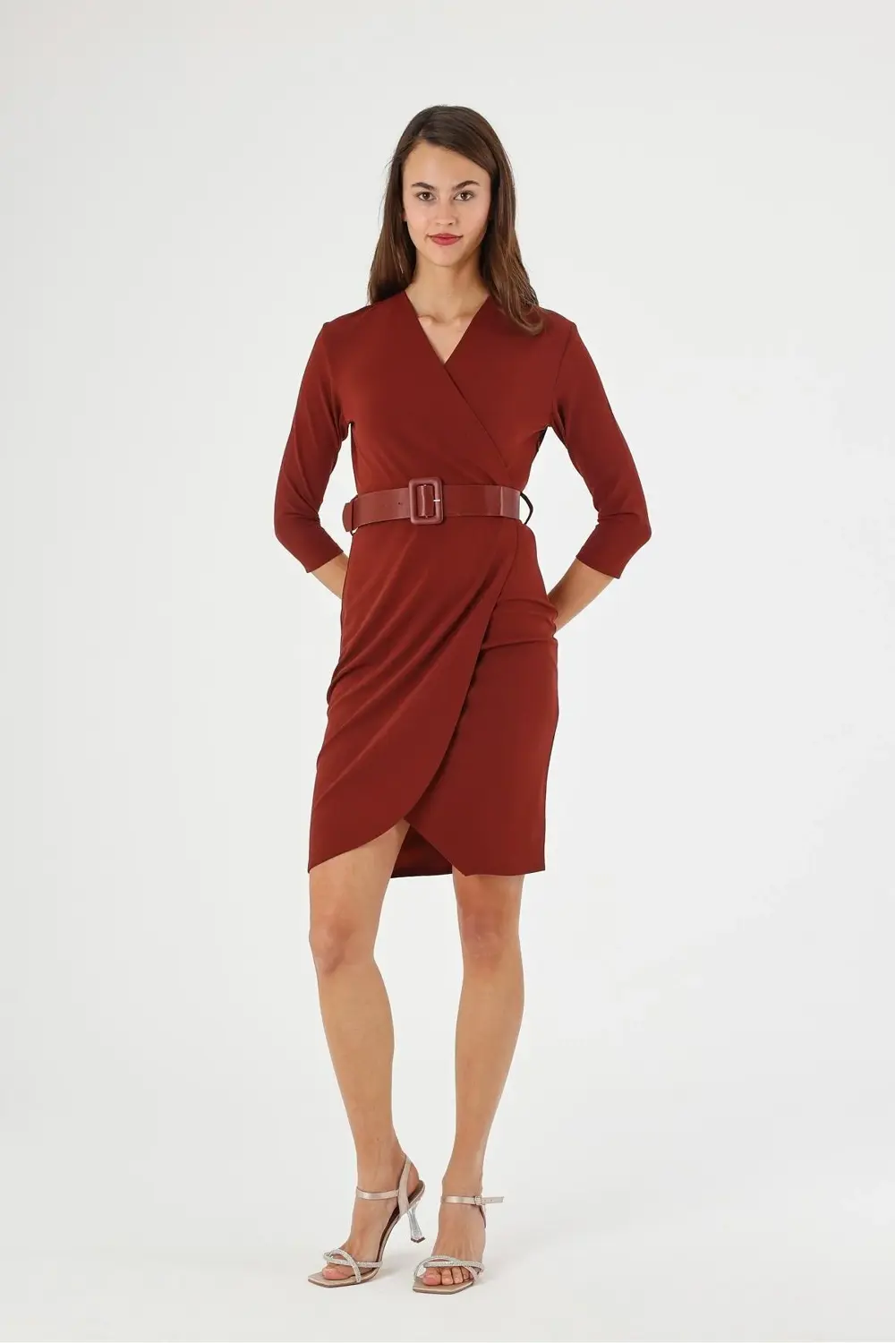 Apsen Kadın Krep Bordo Kruvaze Kemerli Midi Anvelop Elbise 3753-1