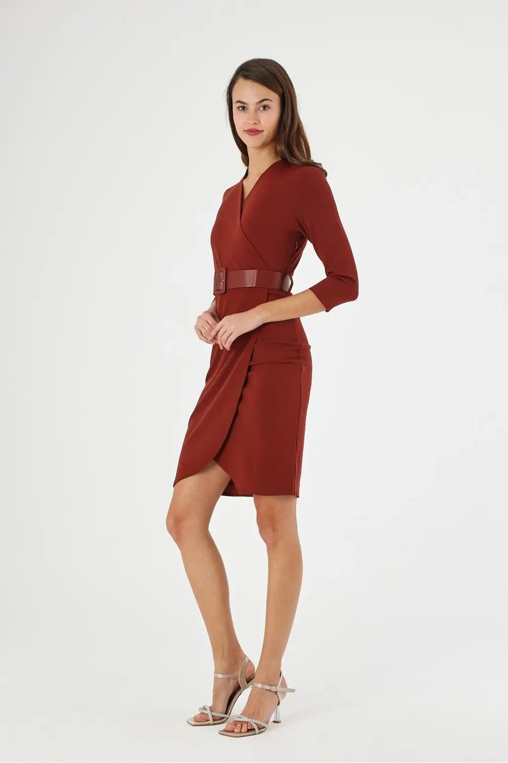 Apsen Kadın Krep Bordo Kruvaze Kemerli Midi Anvelop Elbise 3753-1
