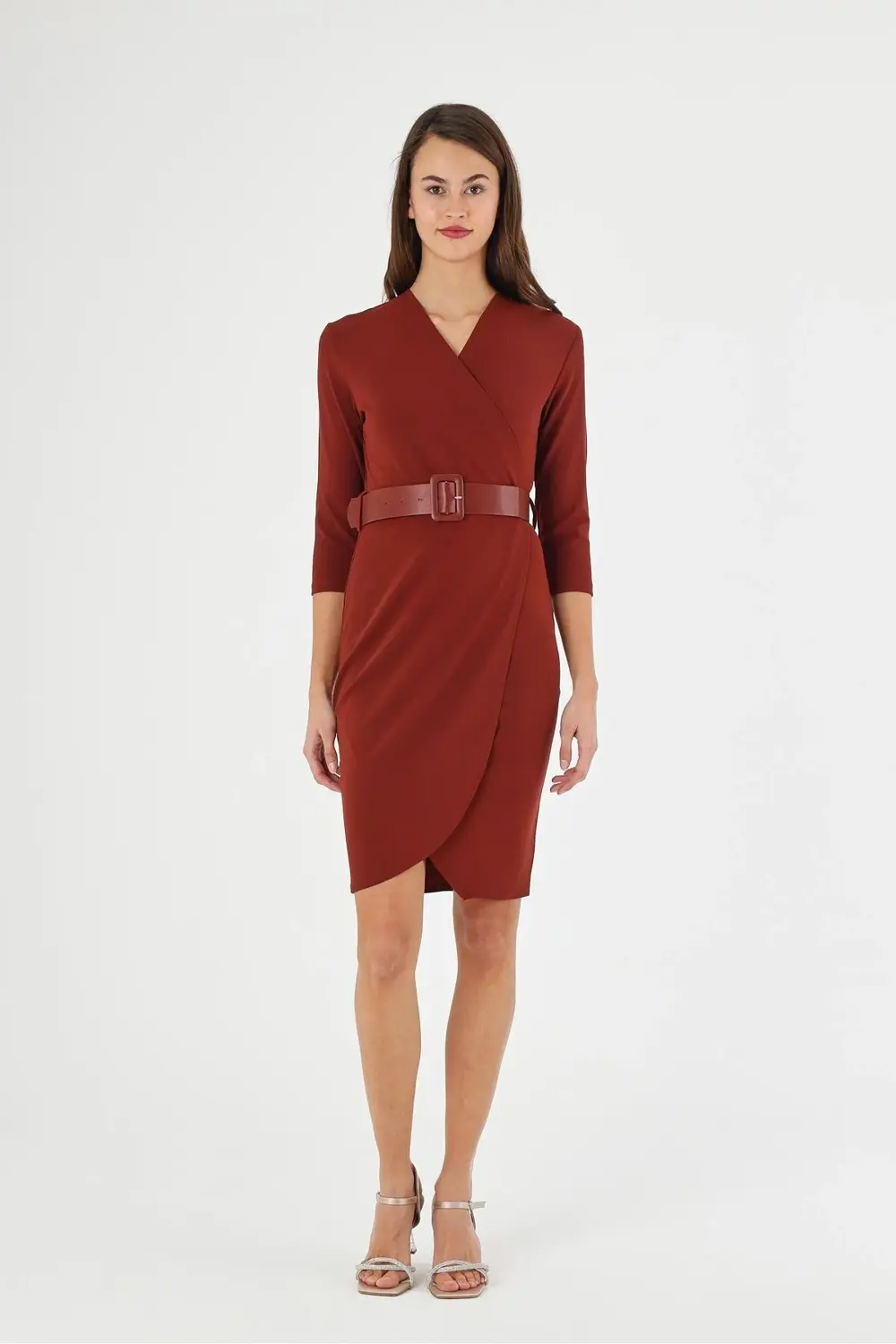 Apsen Kadın Krep Bordo Kruvaze Kemerli Midi Anvelop Elbise 3753-1