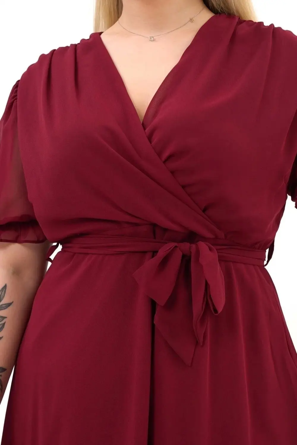 Apsen  Kadın Kruvaze Yaka Kuşaklı Büyük Beden Midi Boy Şifon Elbis