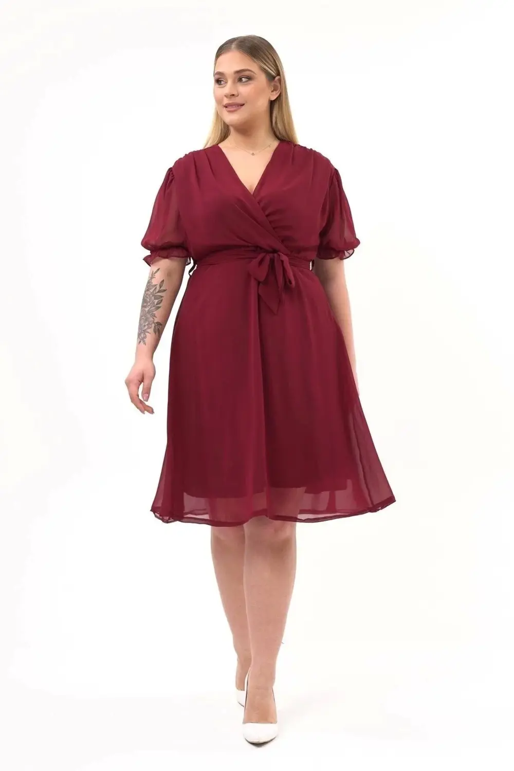 Apsen  Kadın Kruvaze Yaka Kuşaklı Büyük Beden Midi Boy Şifon Elbis