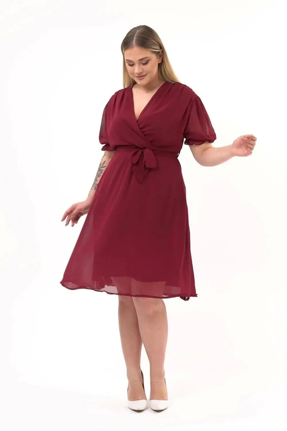 Apsen  Kadın Kruvaze Yaka Kuşaklı Büyük Beden Midi Boy Şifon Elbis