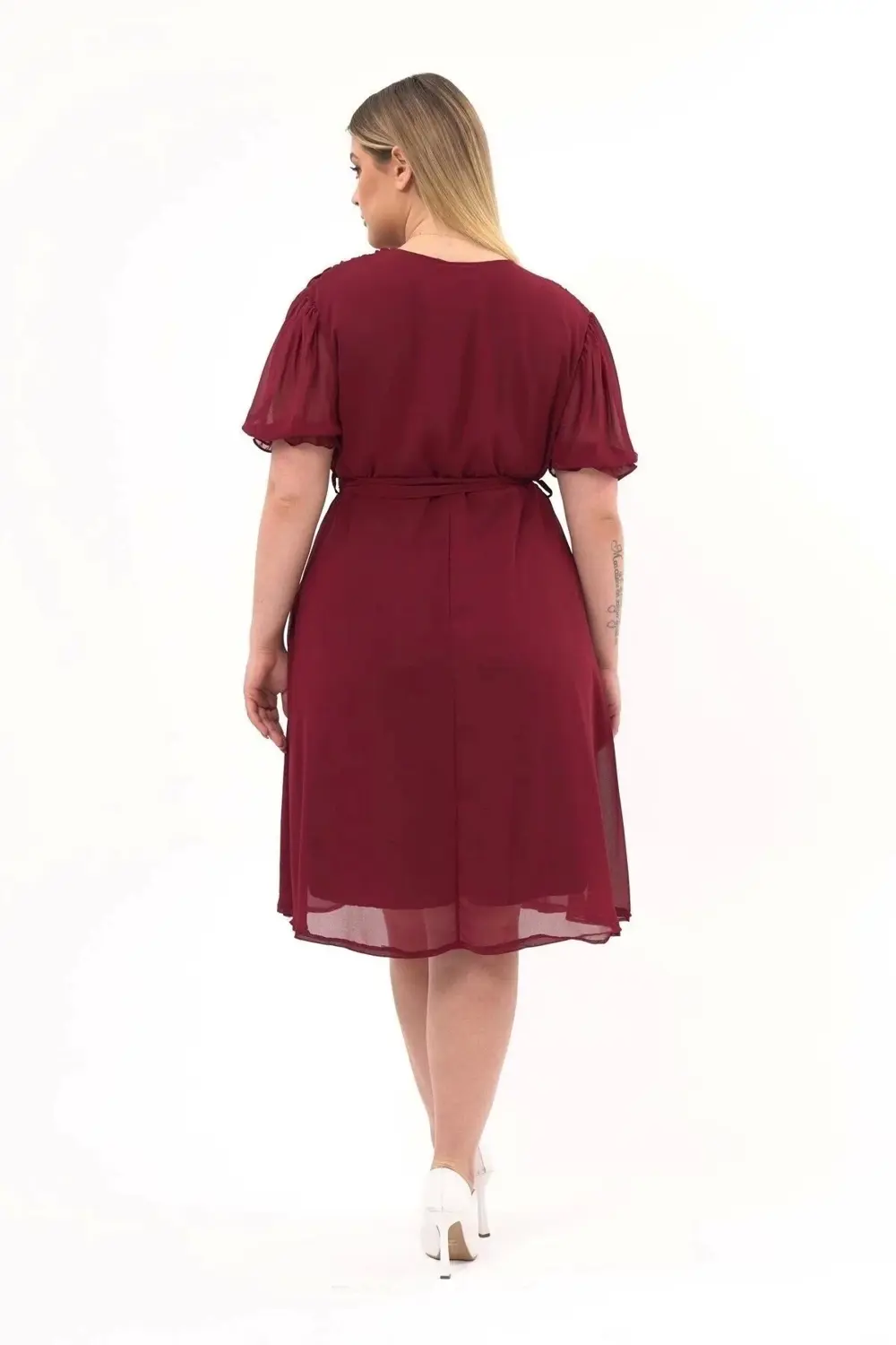 Apsen  Kadın Kruvaze Yaka Kuşaklı Büyük Beden Midi Boy Şifon Elbis