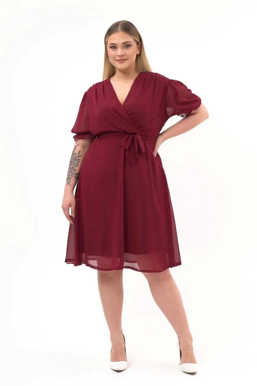 Apsen  Kadın Kruvaze Yaka Kuşaklı Büyük Beden Midi Boy Şifon Elbis