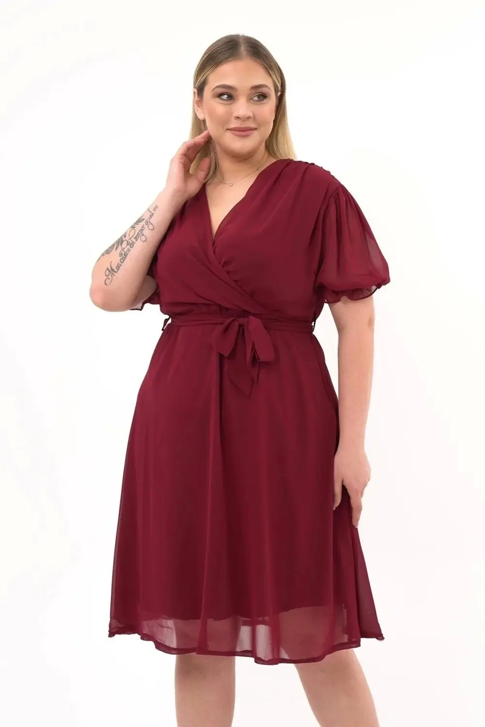 Apsen  Kadın Kruvaze Yaka Kuşaklı Büyük Beden Midi Boy Şifon Elbis