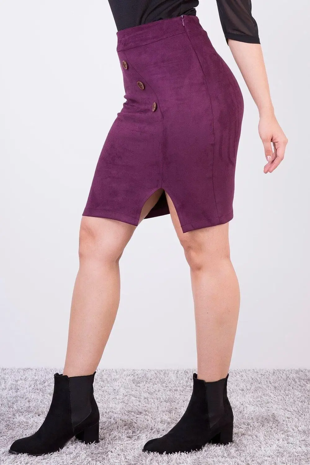 Apsen Kadın Lacivert Kısa Süet Düğme Detaylı Kışlık Etek 2115-45