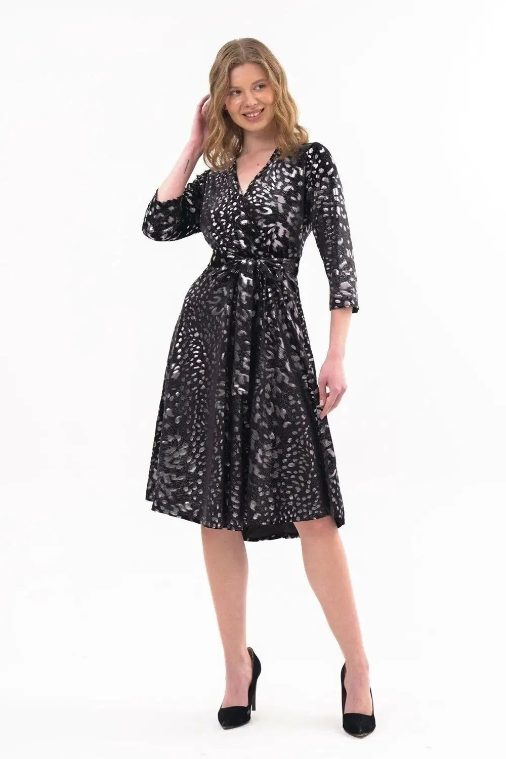 Apsen Kadın Leopar Desen Baskılı Kadife Midi Elbise 4477-110