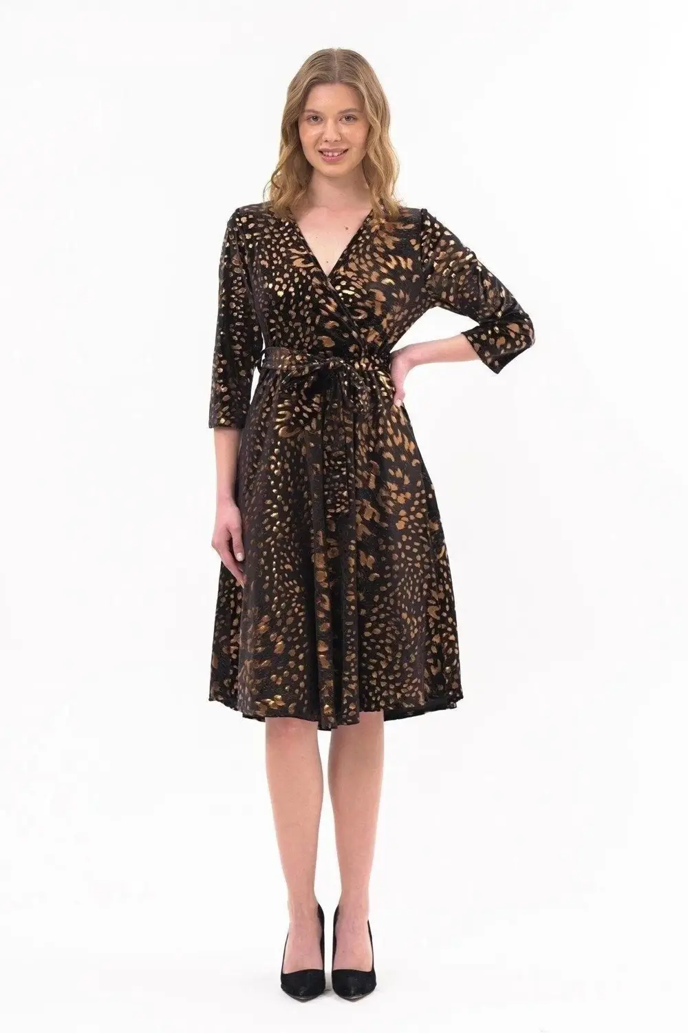 Apsen Kadın Leopar Desen Baskılı Kadife Midi Kışlık Elbise 4477-1