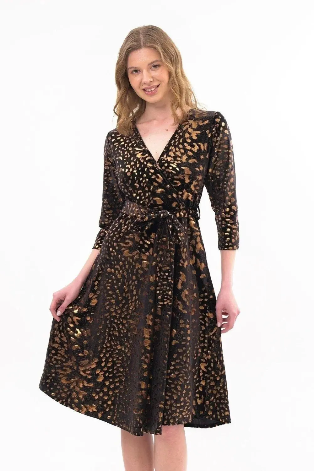 Apsen Kadın Leopar Desen Baskılı Kadife Midi Kışlık Elbise 4477-1