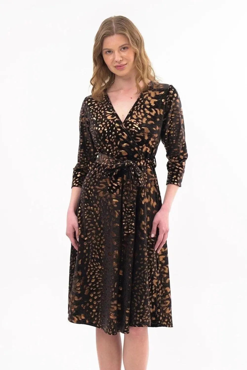 Apsen Kadın Leopar Desen Baskılı Kadife Midi Kışlık Elbise 4477-1