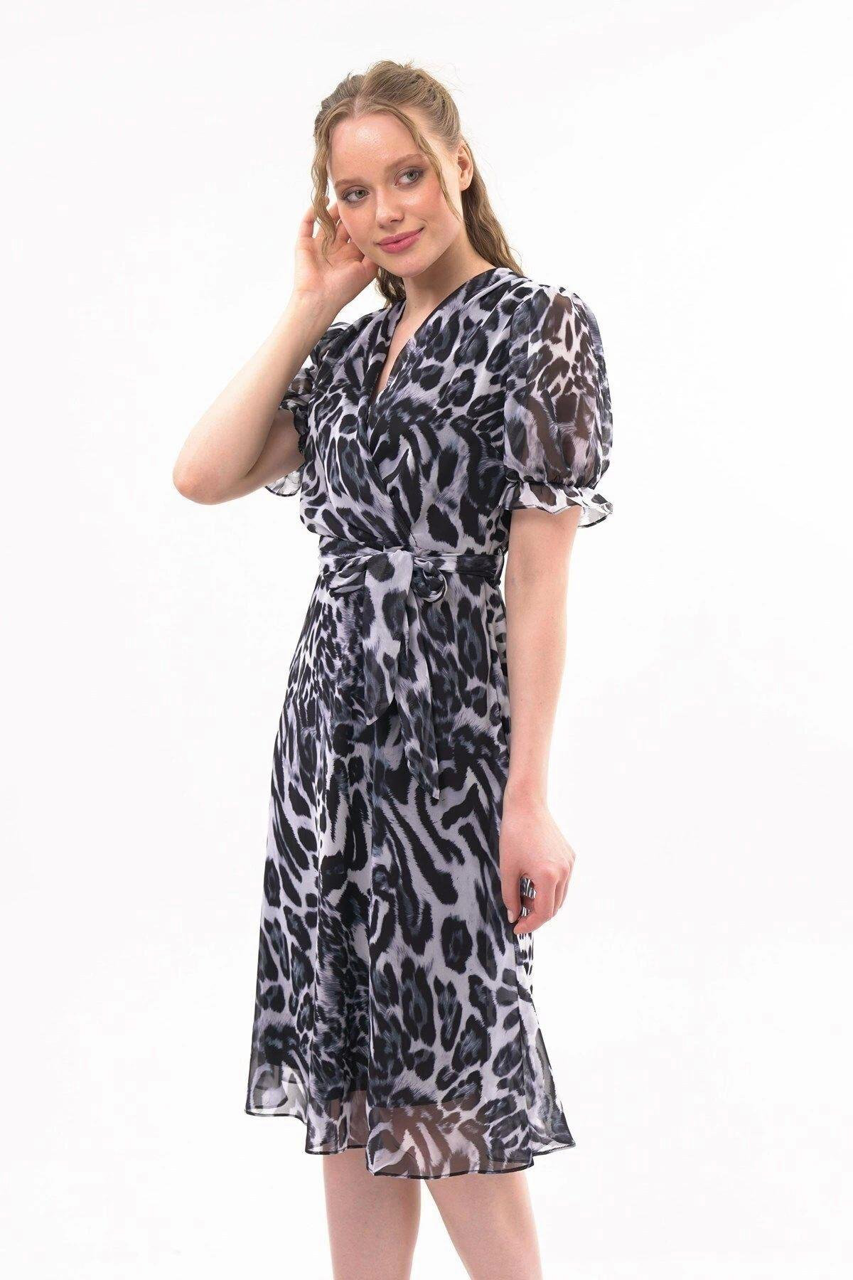 Apsen Kadın Leopar Mor Desenli Kruvaze Yaka Midi Şifon Elbise 443