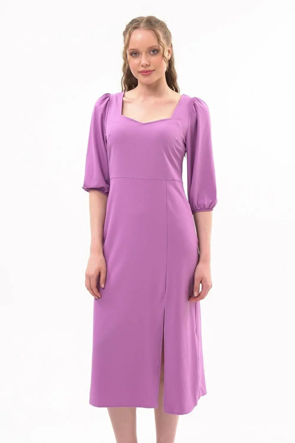 Apsen Kadın Lila Yırtmaç Detaylı Beşgen Yaka Midi Krep Elbise 444