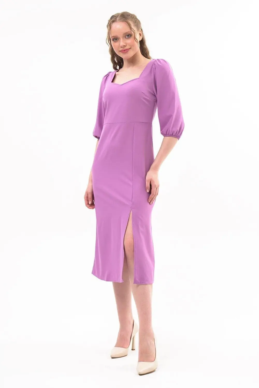 Apsen Kadın Lila Yırtmaç Detaylı Beşgen Yaka Midi Krep Elbise 444