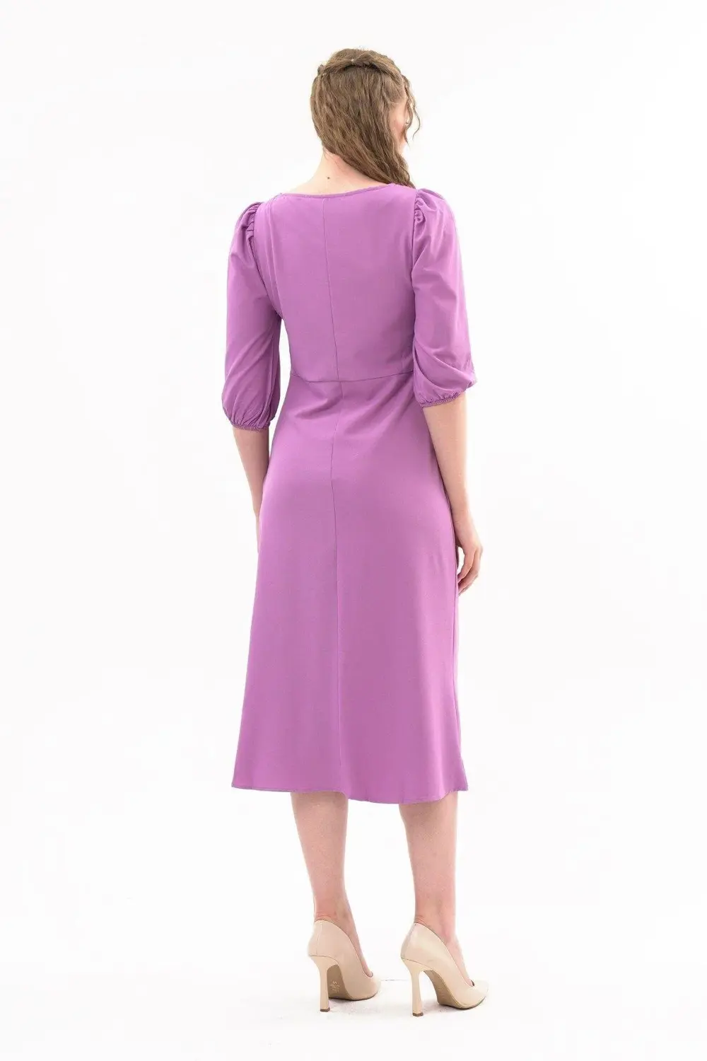 Apsen Kadın Lila Yırtmaç Detaylı Beşgen Yaka Midi Krep Elbise 444