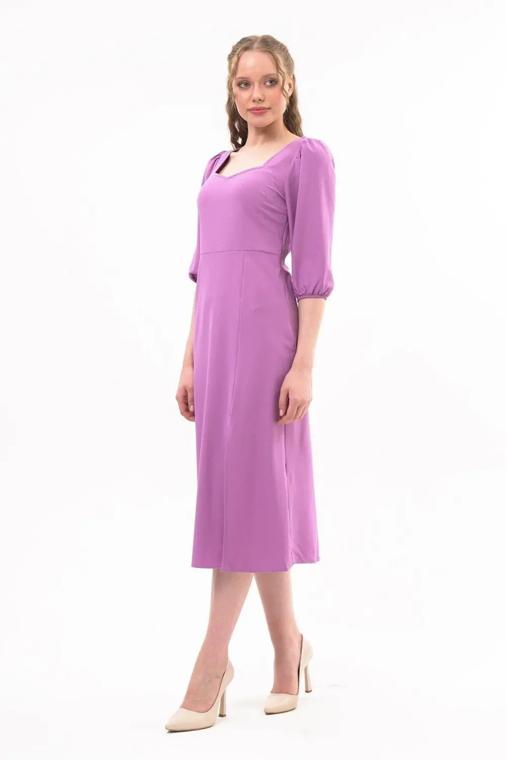Apsen Kadın Lila Yırtmaç Detaylı Beşgen Yaka Midi Krep Elbise 444