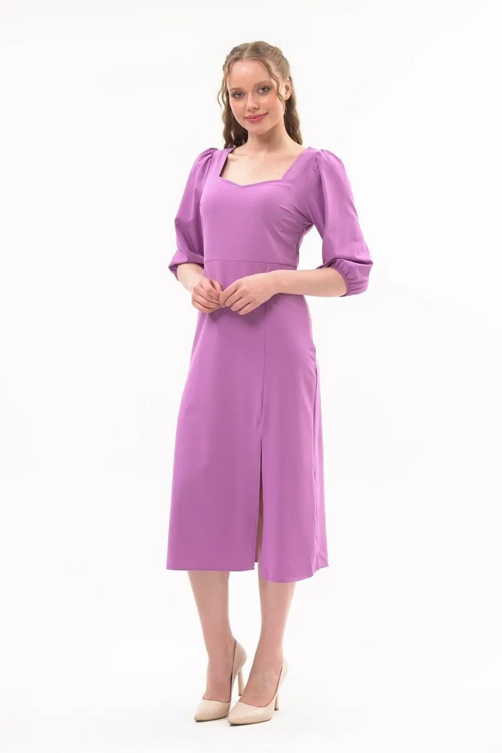 Apsen Kadın Lila Yırtmaç Detaylı Beşgen Yaka Midi Krep Elbise 444