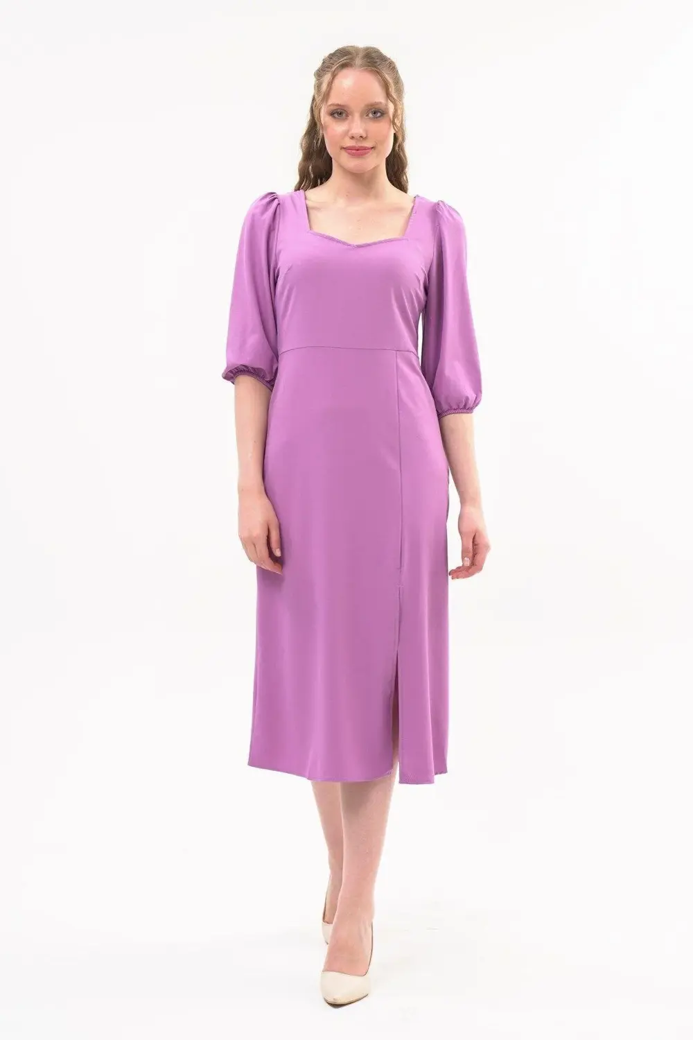 Apsen Kadın Lila Yırtmaç Detaylı Beşgen Yaka Midi Krep Elbise 444