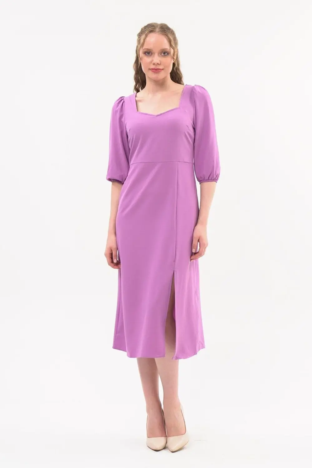 Apsen Kadın Lila Yırtmaç Detaylı Beşgen Yaka Midi Krep Elbise 444