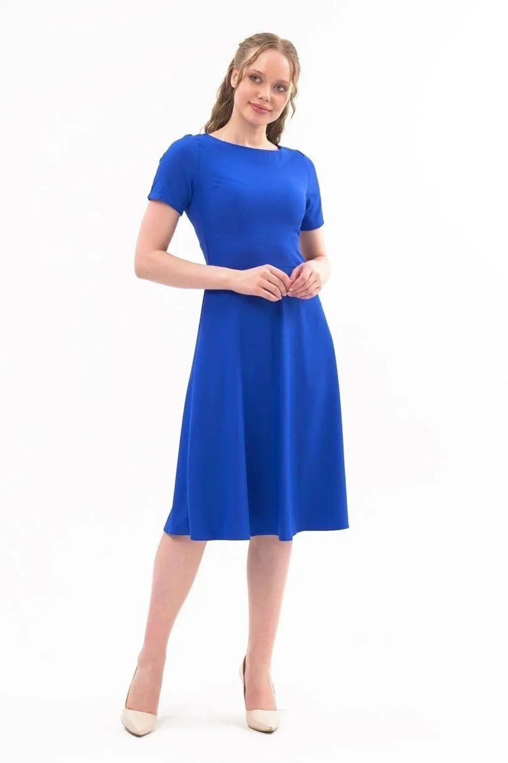 Apsen Kadın Mavi Bisiklet Yaka Midi Krep Elbise 4442-110