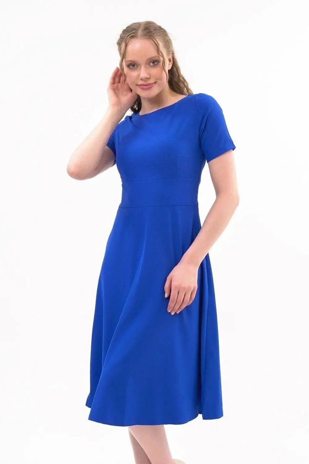 Apsen Kadın Mavi Bisiklet Yaka Midi Krep Elbise 4442-110