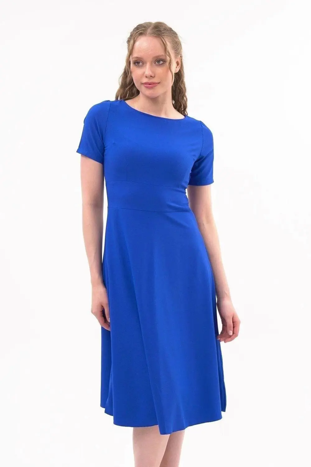 Apsen Kadın Mavi Bisiklet Yaka Midi Krep Elbise 4442-110