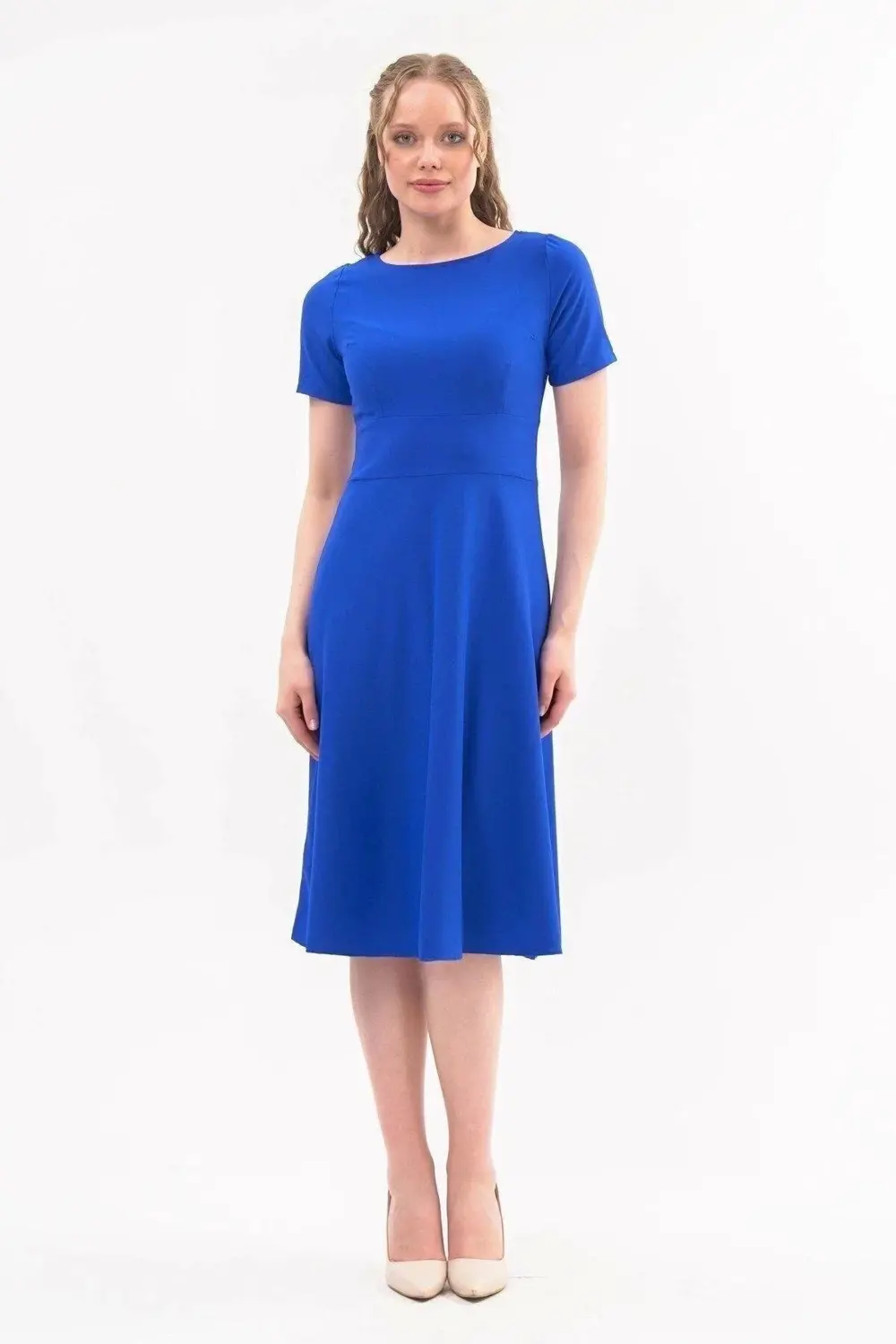 Apsen Kadın Mavi Bisiklet Yaka Midi Krep Elbise 4442-110