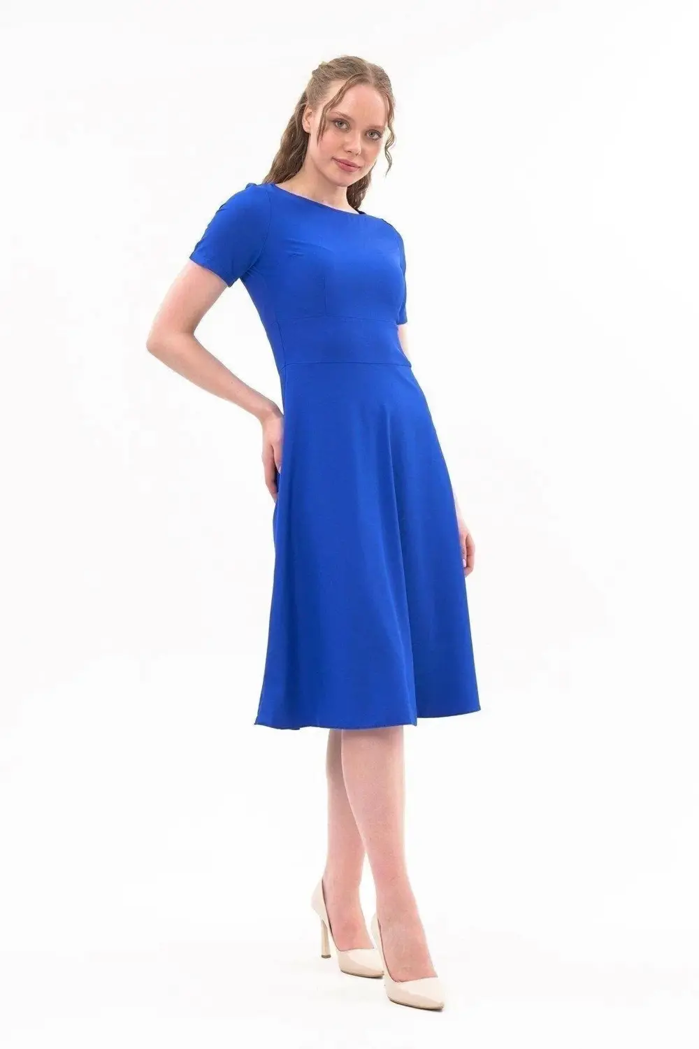 Apsen Kadın Mavi Bisiklet Yaka Midi Krep Elbise 4442-110