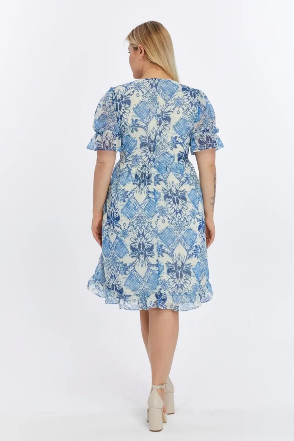 Apsen  Kadın Mavi Desenli Yakası Fırfırlı Kol Detaylı Şifon Elbise