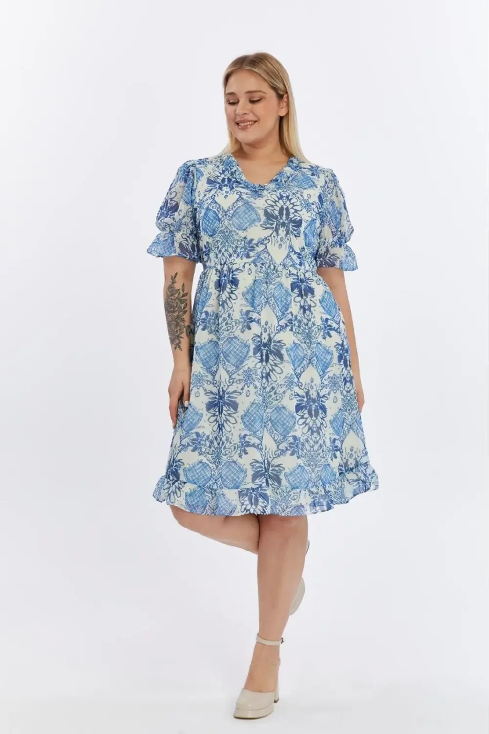 Apsen  Kadın Mavi Desenli Yakası Fırfırlı Kol Detaylı Şifon Elbise