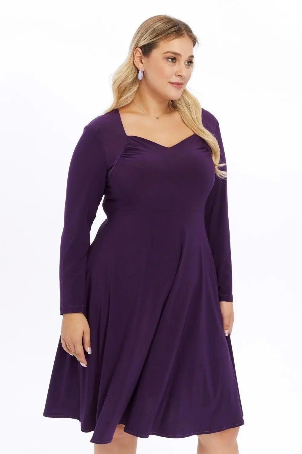 Apsen  Kadın Mor Beşgen Yaka Uzun Kol Detaylı Midi Örme Elbise 446