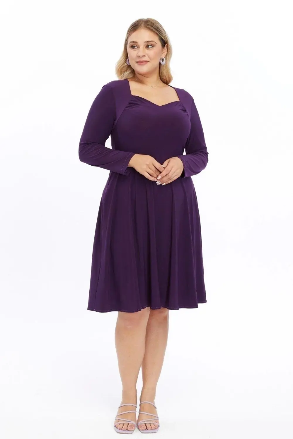 Apsen  Kadın Mor Beşgen Yaka Uzun Kol Detaylı Midi Örme Elbise 446