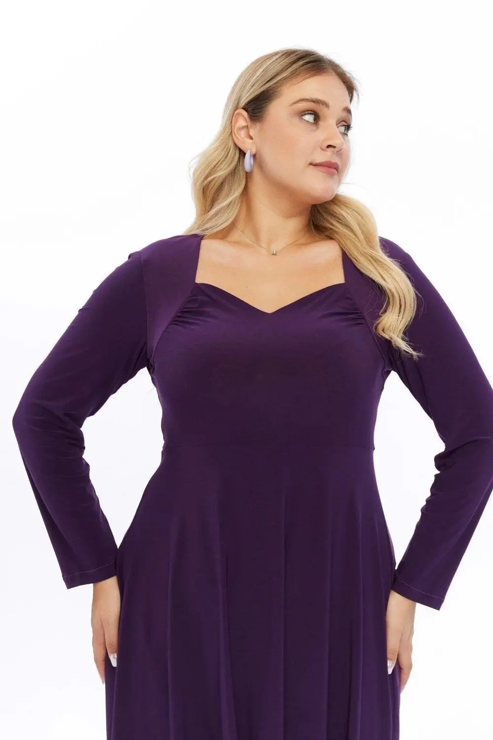 Apsen  Kadın Mor Beşgen Yaka Uzun Kol Detaylı Midi Örme Elbise 446