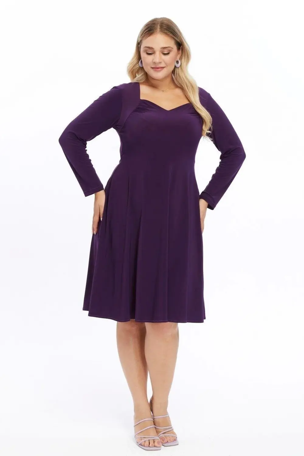 Apsen  Kadın Mor Beşgen Yaka Uzun Kol Detaylı Midi Örme Elbise 446