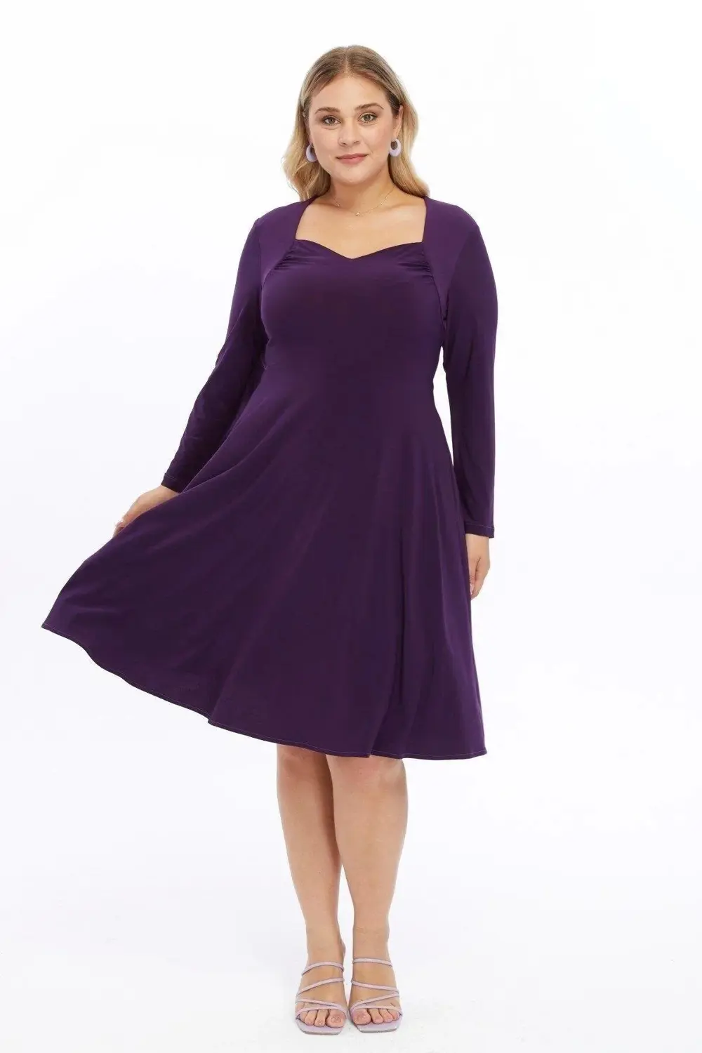 Apsen  Kadın Mor Beşgen Yaka Uzun Kol Detaylı Midi Örme Elbise 446