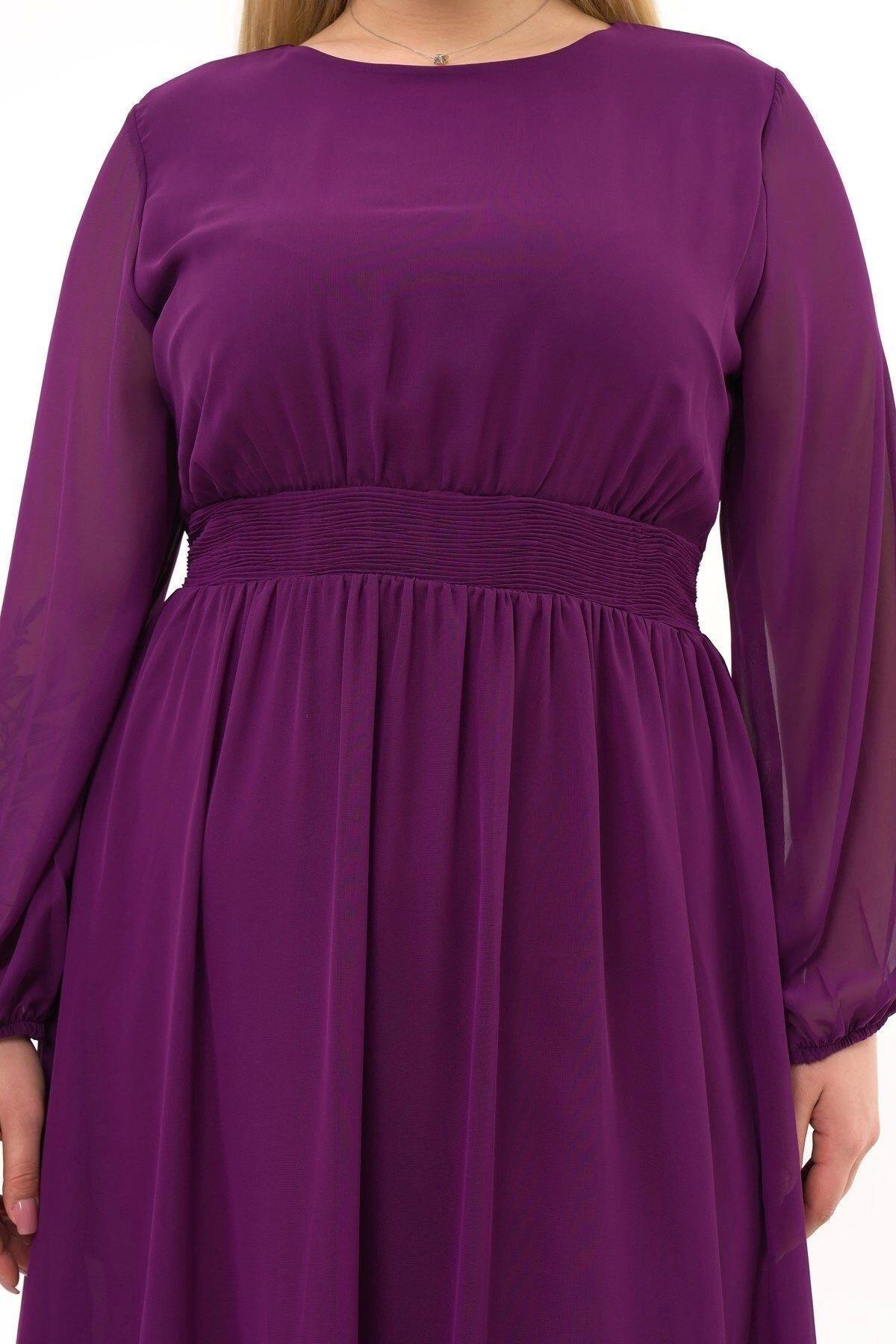 Apsen Kadın Mor Bisiklet Yaka Beli Drape Detaylı Uzun Kol Midi Bo