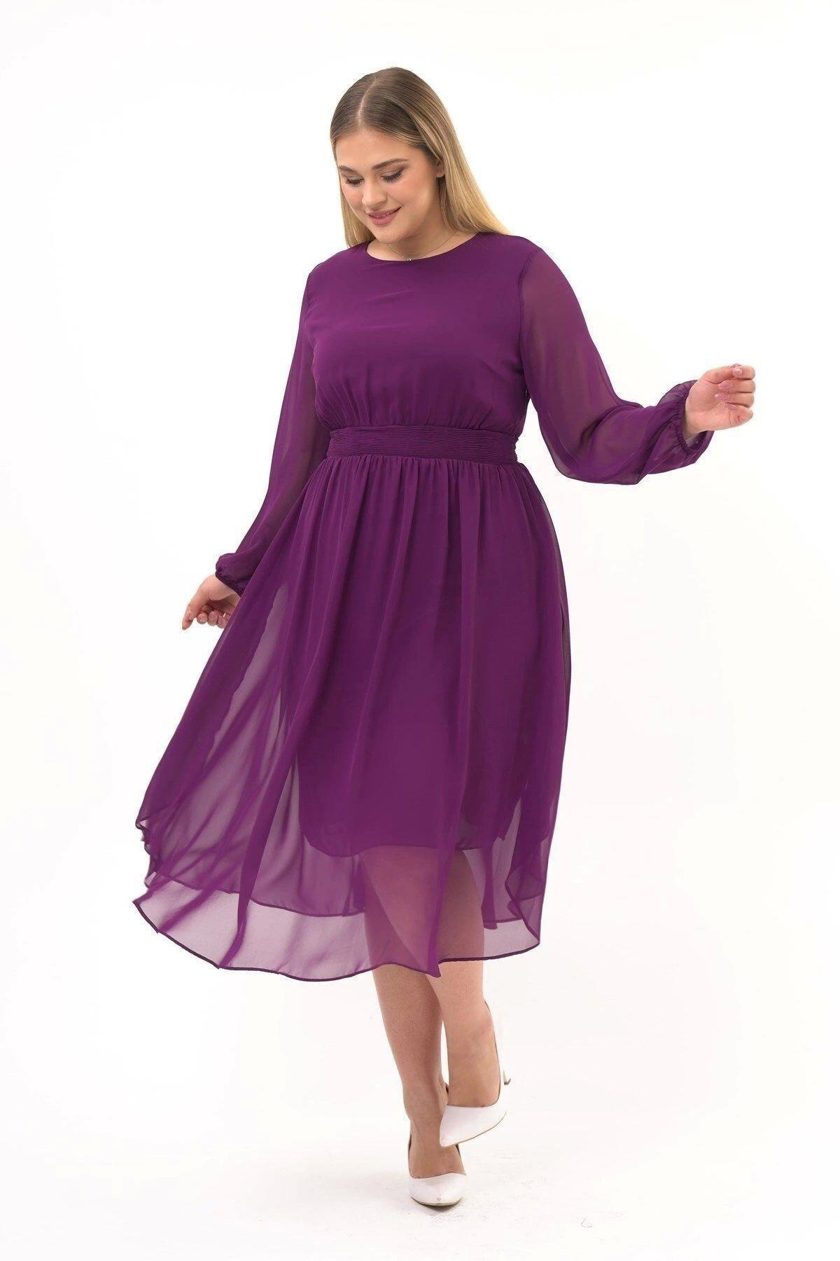 Apsen Kadın Mor Bisiklet Yaka Beli Drape Detaylı Uzun Kol Midi Bo