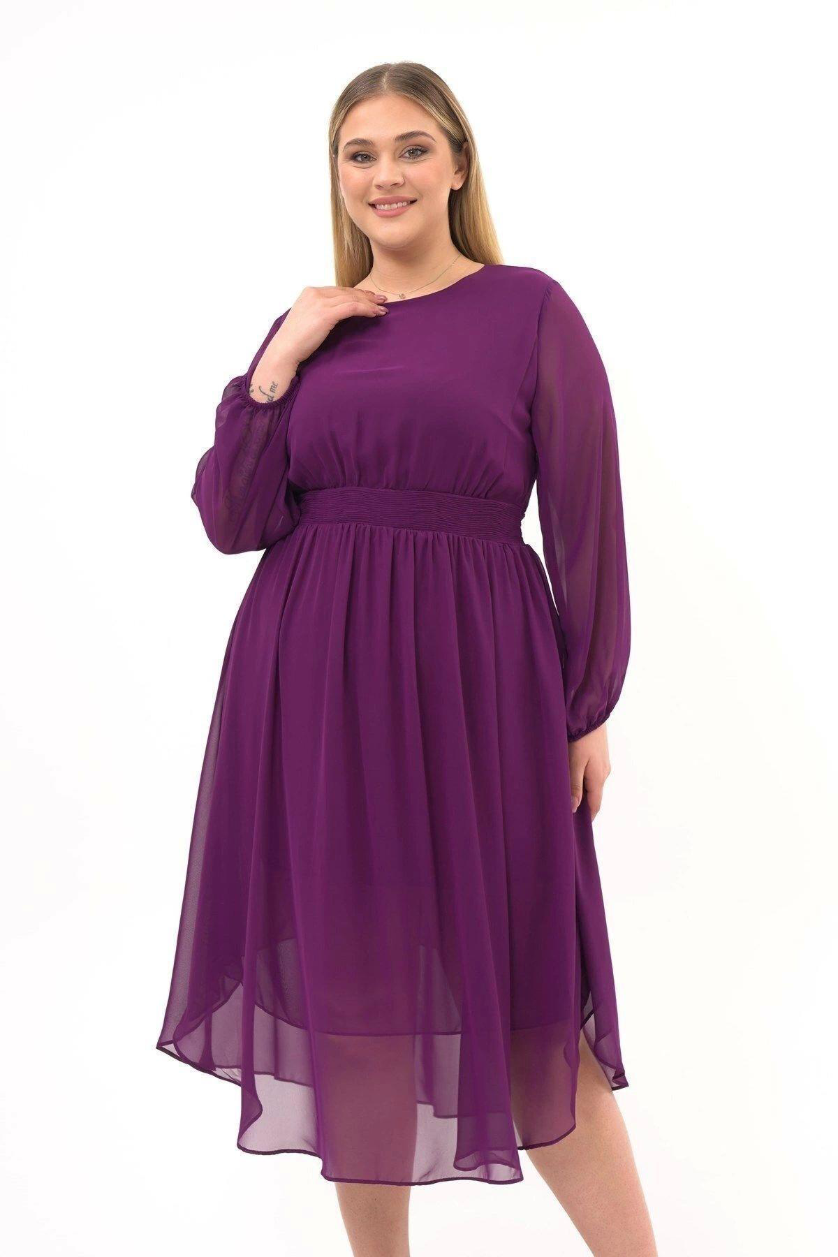 Apsen Kadın Mor Bisiklet Yaka Beli Drape Detaylı Uzun Kol Midi Bo