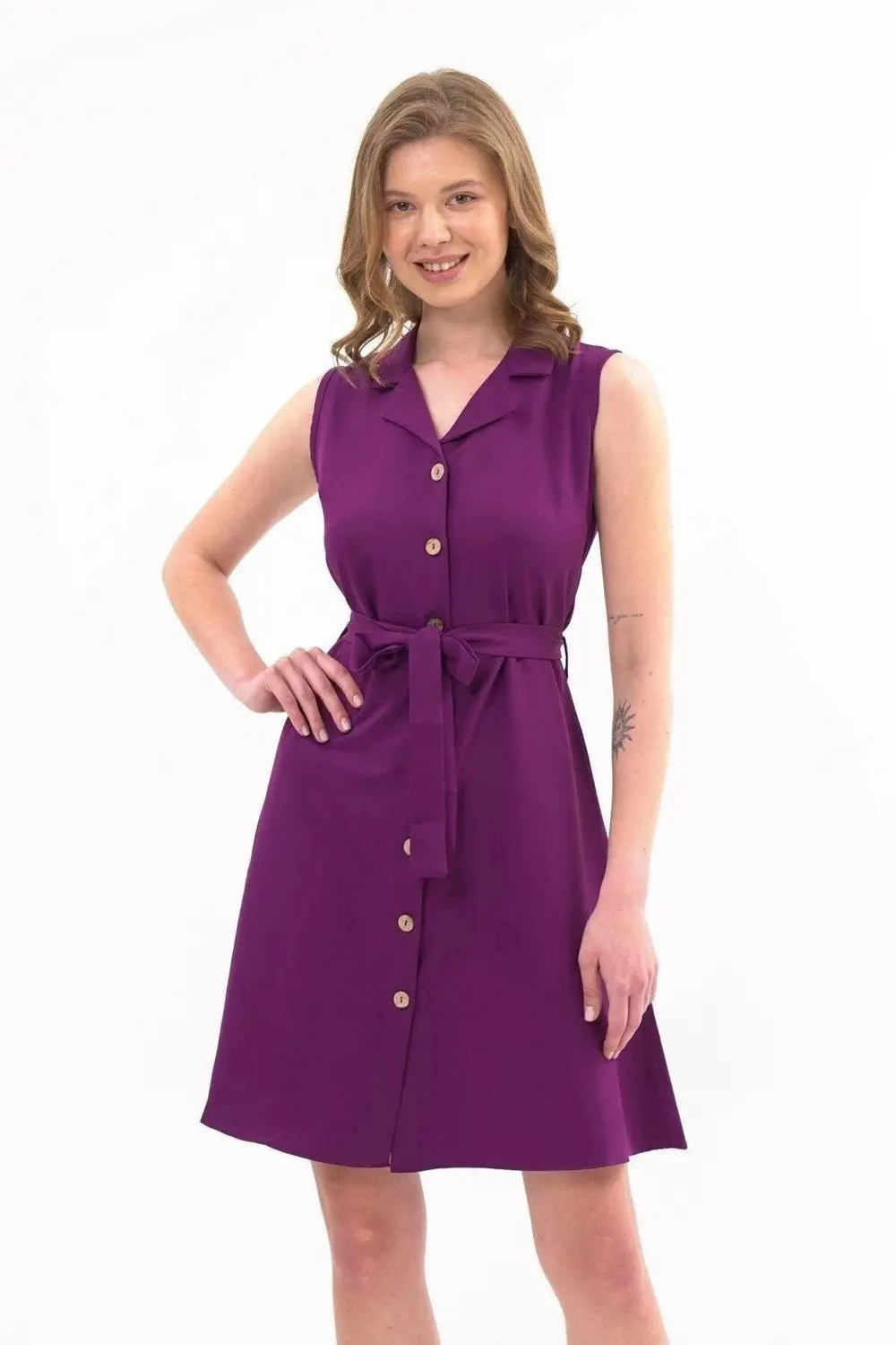 Apsen Kadın Mor Gömlek Yaka Düğmeli Kolsuz Yazlık Kısa Elbise 433